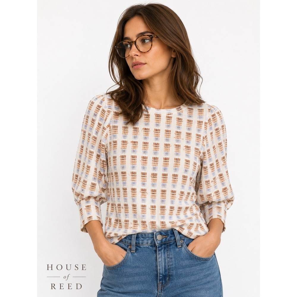 Lou & Grey Women's Medium Textured Puff Sleeve Blouse Creamâ Brown Grid Boho